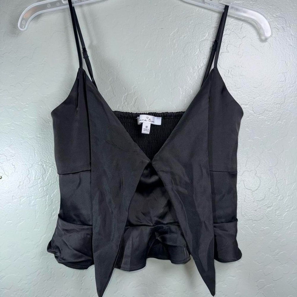 Black Satin Tie-Front Peplum Cami Y2K Soft Girl